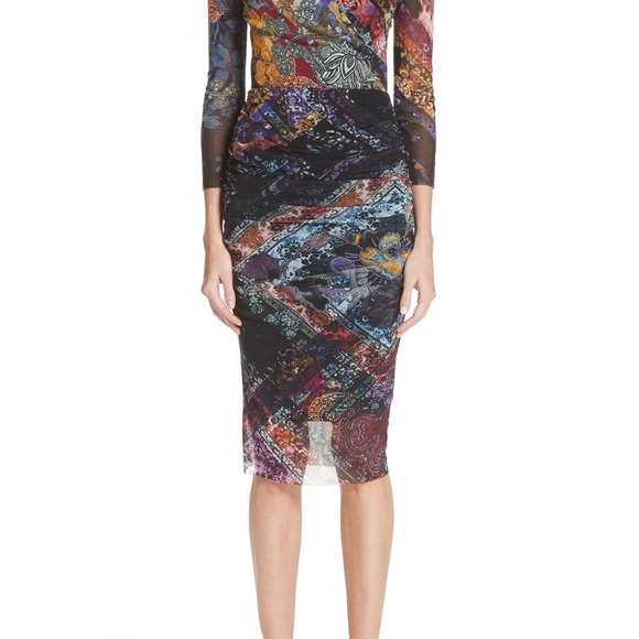 Fuzzi 3/4-Sleeve Printed Body-Con Tulle Dress - Picture 2 of 7